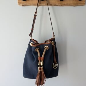 Michael Kors Navy and Brown Drawstring Bag